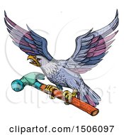 Poster, Art Print Of Bald Eagle Flying With A Hammer In Colorful Sketched Style On A White Background