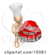Baker Wearing A White Chefs Hat And Holding A Big Red And Silver Three Tiered Birthday Wedding Or Anniversary Cake For A Big Celebration