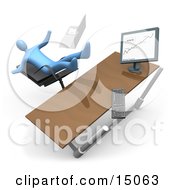 Blue Business Person Falling Backwards After Clumsily Leaning Too Far Back In A Chair At His Computer Desk While Comparing Graphs On A Printout And On The Computer