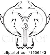 Clipart Of A Black And White Fishing Hook With Dolphins Royalty Free Vector Illustration