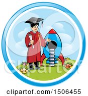 Poster, Art Print Of Boy Graduate Holding A Diploma By A Rocket