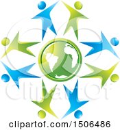 Clipart Of A Green Earth Globe Encircled With Blue And Green People Dancing High Fiving Or Cheering Royalty Free Vector Illustration by Lal Perera