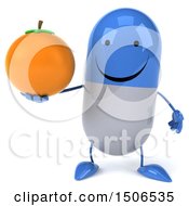 Clipart Of A 3d Blue Pill Character Holding An Orange On A White Background Royalty Free Illustration