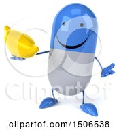 Clipart Of A 3d Blue Pill Character Holding A Banana On A White Background Royalty Free Illustration