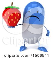 Clipart Of A 3d Blue Pill Character Holding A Strawberry On A White Background Royalty Free Illustration
