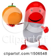 Clipart Of A 3d Red Pill Character Holding An Orange On A White Background Royalty Free Illustration