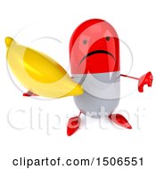 Clipart Of A 3d Red Pill Character Holding A Banana On A White Background Royalty Free Illustration