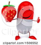 Clipart Of A 3d Red Pill Character Holding A Strawberry On A White Background Royalty Free Illustration
