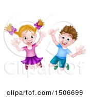Poster, Art Print Of Cartoon Happy Excited Blond Caucasian Boy And Girl Jumping