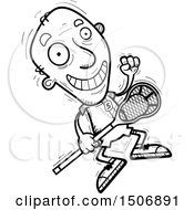 Clipart Of A Black And White Jumping Senior Male Lacrosse Player Royalty Free Vector Illustration