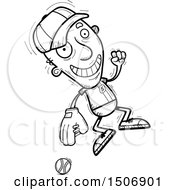Clipart Of A Black And White Jumping Senior Male Baseball Player Royalty Free Vector Illustration