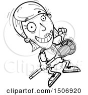 Clipart Of A Black And White Jumping Female Lacrosse Player Royalty Free Vector Illustration