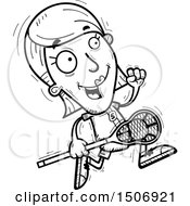 Clipart Of A Black And White Running Female Lacrosse Player Royalty Free Vector Illustration