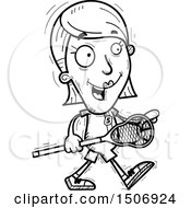 Clipart Of A Black And White Walking Female Lacrosse Player Royalty Free Vector Illustration