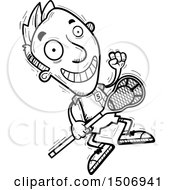 Clipart Of A Black And White Jumping Male Lacrosse Player Royalty Free Vector Illustration