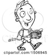 Clipart Of A Black And White Walking Male Lacrosse Player Royalty Free Vector Illustration