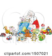 Clipart Of Santa Claus Filling A Sack With Toys Royalty Free Vector Illustration