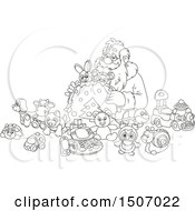 Poster, Art Print Of Black And White Santa Claus Filling A Sack With Toys