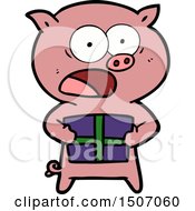 Animal Clipart Cartoon Pig With Christmas Present
