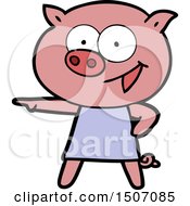 Cheerful Pig In Dress Pointing Cartoon