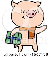 Happy Animal Clipart Cartoon Pig With Christmas Present