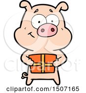 Happy Animal Clipart Cartoon Pig Holding Christmas Present