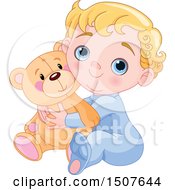 Blond Haired Blue Eyed Caucasian Baby Boy Hugging A Teddy Bear And Sitting