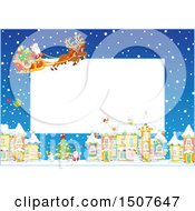 Poster, Art Print Of Christmas Frame Of Santa And His Reindeer Flying A Sleigh Over A Snowy Village