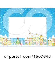 Poster, Art Print Of Christmas Border Of A Snowy Village With A Snowman Tree And Santa