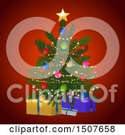 Clipart Of A Christmas Tree With Presents Over Red Royalty Free Vector Illustration