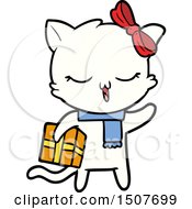 Cartoon Girl Cat With Christmas Present