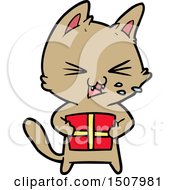 Poster, Art Print Of Cartoon Hissing Cat With Christmas Present