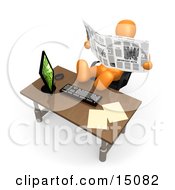 Lazy Orange Employee Or Manager Slacking While Leaning Back In Their Chair With Their Feet Up On A Computer Desk And Reading A Newspaper Instead Of Working