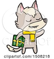 Friendly Cartoon Wolf Carrying Christmas Present