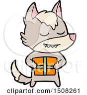 Poster, Art Print Of Friendly Cartoon Wolf Carrying Christmas Present