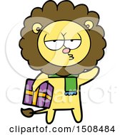 Cartoon Tired Lion With Gift