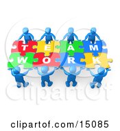 Blue 3d People Working Together To Hold Colorful Pieces Of A Jigsaw Puzzle That Spells Out Team Work