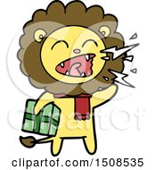 Cartoon Roaring Lion With Present
