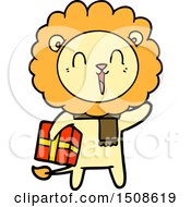 Laughing Lion Cartoon With Christmas Present