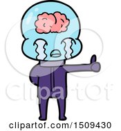 Poster, Art Print Of Cartoon Big Brain Alien Crying But Giving Thumbs Up Symbol