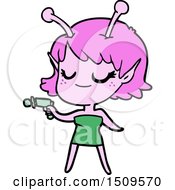 Smiling Alien Girl Cartoon Pointing Ray Gun