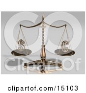 Brass Scales Weighing The American Dollar Sign And The Euro Sign Balanced Evenly Clipart Illustration
