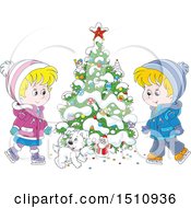 Poster, Art Print Of Cartoon Dog And Children Ice Skating By A Flocked Christmas Tree With A Tiny Santa
