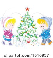 Poster, Art Print Of Puppy Dog And Children Ice Skating By A Flocked Christmas Tree With A Tiny Santa