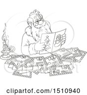 Poster, Art Print Of Cartoon Black And White Santa Claus Reading Letters