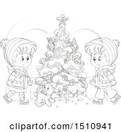 Poster, Art Print Of Black And White Puppy And Children Ice Skating By A Flocked Christmas Tree With A Tiny Santa