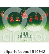 Poster, Art Print Of Merry Christmas And Happy New Year Greeting With Suspended Ornaments Over Green