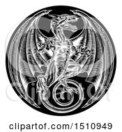 Clipart Of A Black And White Woodcut Dragon In A Circle Royalty Free Vector Illustration