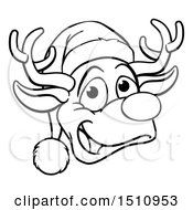 Poster, Art Print Of Black And White Happy Reindeer Face Wearing A Christmas Santa Hat