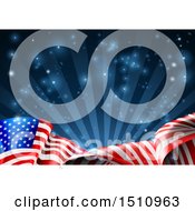 Poster, Art Print Of Rippling American Flag Over Dark Blue Rays And Flares